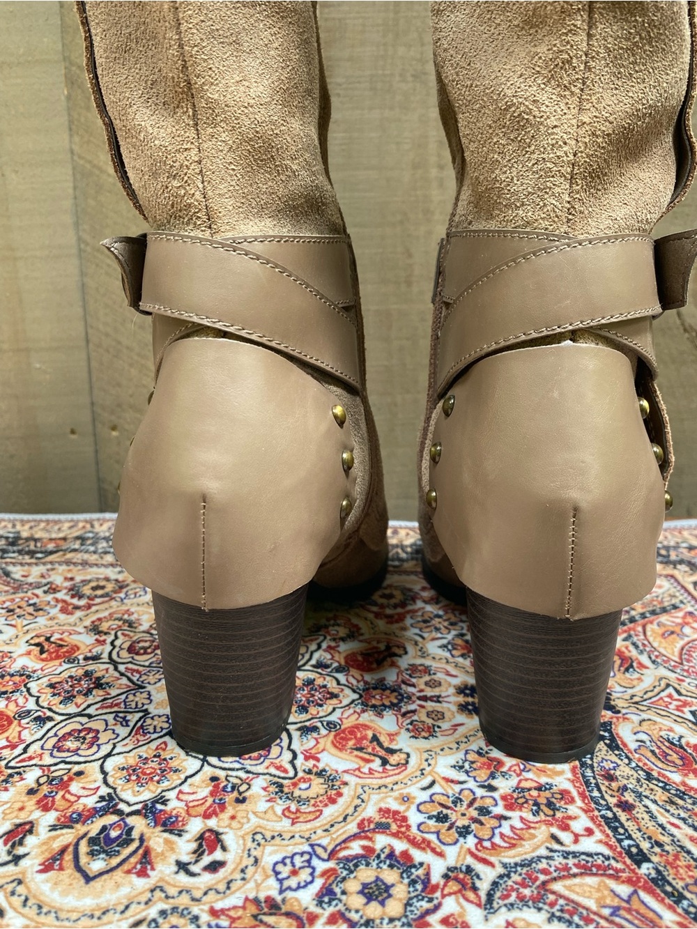 Fergie Taupe Suede Knee-High Block Heel Boots - Picture 11 of 14